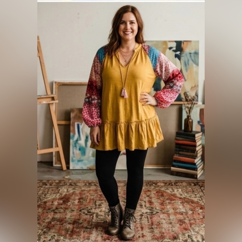 Umgee Boho Floral Babydoll Tunic Dress XL Mustard Yellow Bell Sleeve Peasant - Picture 4 of 11